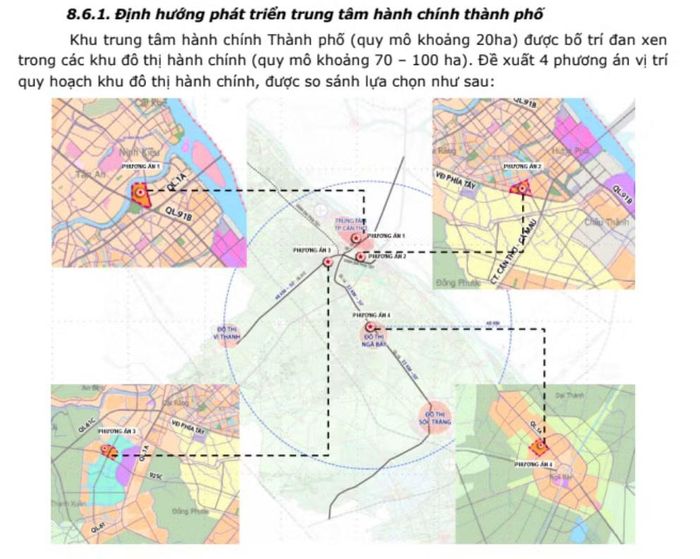 Đơn vị tư vấn lập quy hoạch đưa ra 4 phương án về trung tâm hành chính TP. Cần Thơ. Ảnh chụp dự thảo quy hoạch.