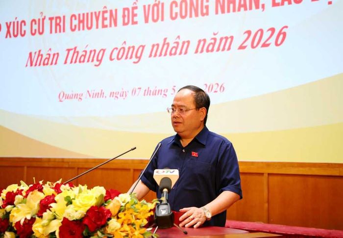 Bí thư Quản Minh Cường phát biểu tại Hội nghị tiếp xúc cử tri chuyên đề với công nhân lao động vào tháng 5/2026.