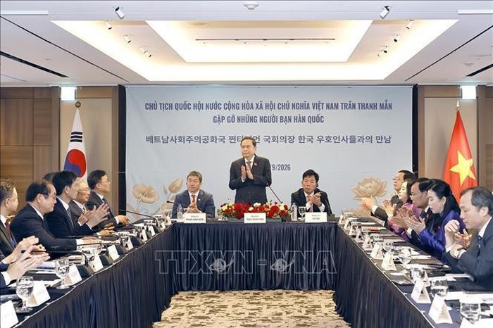 Chủ tịch Quốc hội Trần Thanh Mẫn phát biểu tại cuộc gặp gỡ những người bạn Hàn Quốc. Ảnh: Doãn Tấn/TTXVN
