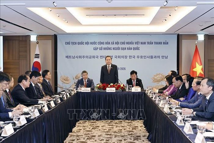 Chủ tịch Quốc hội Trần Thanh Mẫn phát biểu tại cuộc gặp gỡ những người bạn Hàn Quốc. Ảnh: Doãn Tấn/TTXVN