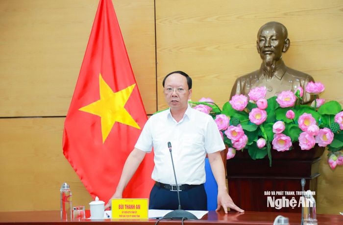 Đồng chí Bùi Thanh An - Ủy viên Ban Thường vụ Tỉnh ủy, Phó Chủ tịch Thường trực UBND tỉnh phát biểu kết luận cuộc làm việc. Ảnh: Thành Duy