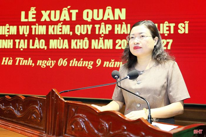 Đồng chí Nguyễn Thị Nguyệt - Phó Chủ tịch UBND tỉnh, Trưởng ban Chỉ đạo 515 tỉnh phát biểu giao nhiệm vụ.