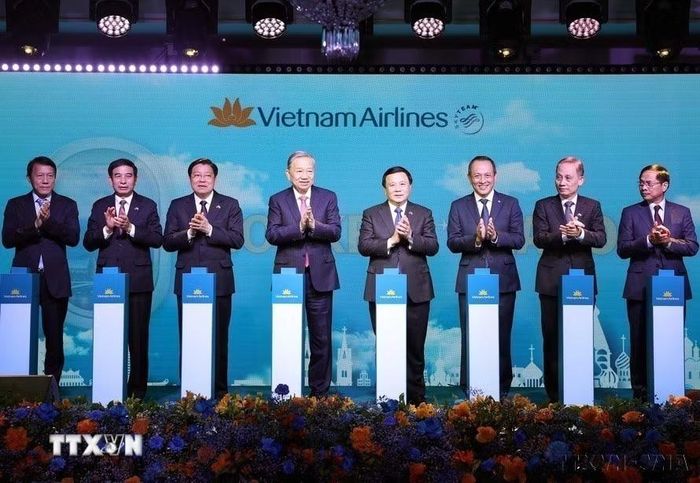 Tổng Bí thư Tô Lâm dự Lễ công bố mở đường bay thẳng Hà Nội-Moskva của Hãng hàng không quốc gia Việt Nam (Moskva, tháng 5/2025). (Ảnh: Thống Nhất/TTXVN)