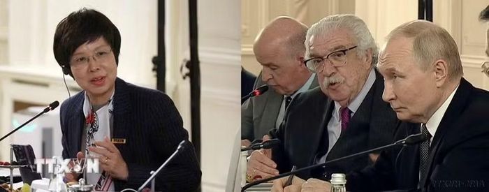 Tổng thống Liên bang Nga Vladimir Putin trả lời phỏng vấn Tổng Giám đốc TTXVN Vũ Việt Trang và Trưởng đoàn các hãng thông tấn OANA, đại diện cơ quan truyền thông lớn trên thế giới trong ngày đầu tiên của Đại hội đồng Tổ chức các hãng thông tấn châu Á-Thái Bình Dương (OANA) lần thứ 19 và các sự kiện liên quan tại thành phố Saint Petersburg (tháng 6/2025). (Ảnh: Quang Vinh/TTXVN)