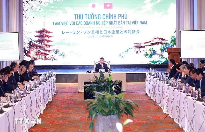 Thủ tướng Lê Minh Hưng phát biểu tại cuộc làm việc với các doanh nghiệp Nhật Bản tại Việt Nam. (Ảnh: Dương Giang/TTXVN)