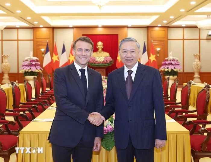 Sáng 26/5/2025, tại Trụ sở Trung ương Đảng, Tổng Bí thư Tô Lâm tiếp Tổng thống Cộng hòa Pháp Emmanuel Macron thăm cấp Nhà nước tới Việt Nam. (Ảnh: Thống Nhất/TTXVN)