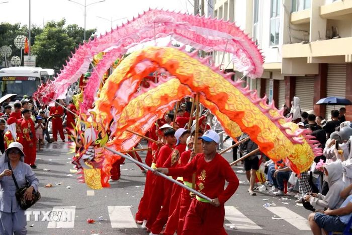 Đoàn người vừa diễu hành vừa biểu diễn các tiết mục văn nghệ, biểu diễn lân sư rồng tạo nên lễ hội đường phố sôi động. (Ảnh: Hồng Hiếu/TTXVN)