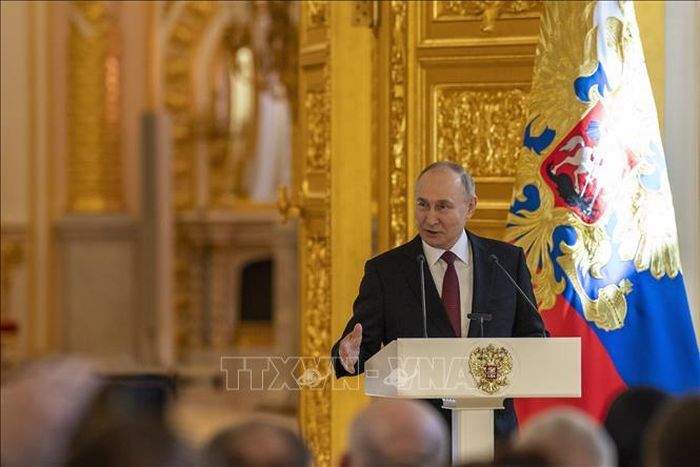 Tổng thống Nga Vladimir Putin phát biểu tại thủ đô Moskva. Ảnh: THX/TTXVN phát