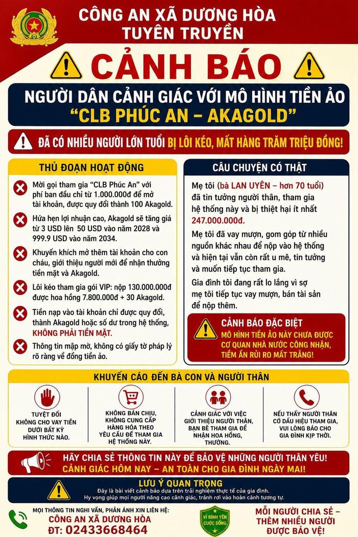 Công an xã Dương Hòa (Hà Nội) đã có cảnh báo về CLB Phúc An - AKG đăng tải trên page của đơn vị (ảnh lấy từ page Vì bình yên xã Dương Hòa)