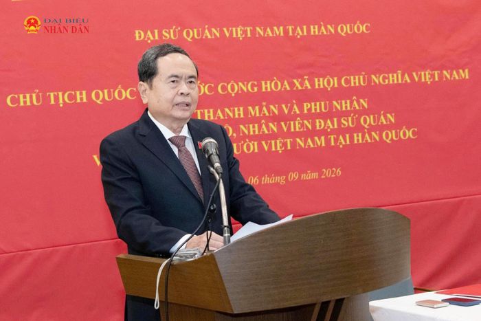 Chủ tịch Quốc hội Trần Thanh Mẫn phát biểu tại cuộc gặp. Ảnh: Lâm Hiển