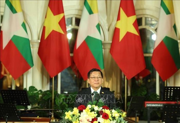 Tổng thống Myanmar Min Aung Hlaing phát biểu. Ảnh: Thống Nhất – TTXVN