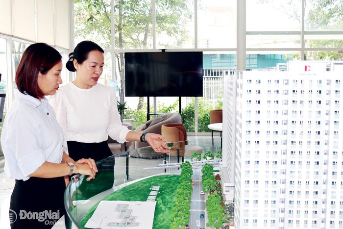 Người dân tìm hiểu thông tin tại dự án nhà ở cho người thu nhập thấp ở phường Long Hưng.