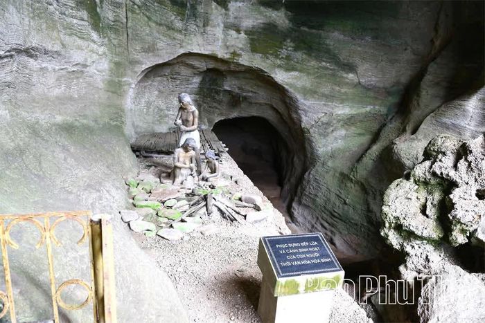 Bếp lửa và cảnh sinh hoạt của con người thời Văn hóa Hòa Bình được phục dựng.