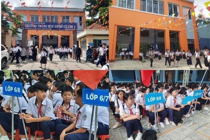 Không gian Trường THCS Củ Chi 1 khang trang trong ngày khai giảng năm học 2026 - 2027 sau khi công trình sửa chữa, cải tạo được hoàn thành. Ảnh: Trường Vũ.