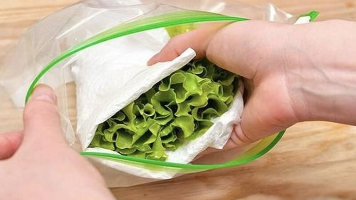 Bạn có thể bọc một lớp giấy trước khi cho rau vào túi, hộp để rau tươi lâu hơn. Ảnh minh họa