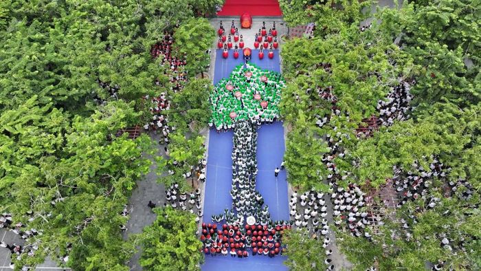 Điểm nhấn của lễ khai giảng là màn xếp hình tương tác thực cảnh “Cây trưởng thành”.