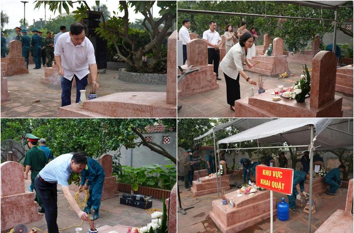 Lãnh đạo xã Liên Minh tri ân sự hy sinh của các anh hùng liệt sĩ. Từ trái sang: Bí thư Đảng ủy xã Nguyễn Tiến Toàn, Phó Bí thư Thường trực Đảng ủy xã Nguyễn Thị Hường, Chủ tịch UBND xã Nguyễn Quý Mạnh. Ảnh: Đào Thắm