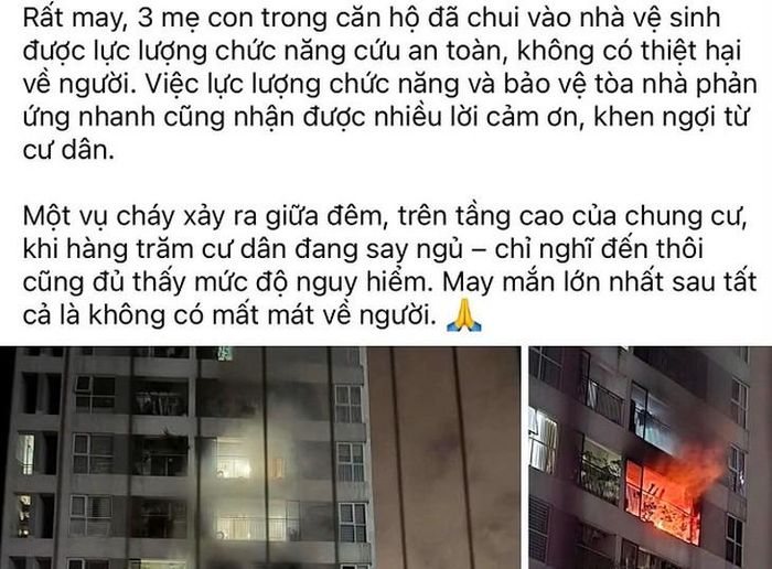 Hình ảnh một trang thông tin đăng tải chi tiết "rất may" 3 mẹ con trong căn hộ đã chui vào nhà vệ sinh và được lực lượng chức năng cứu an toàn. Ảnh: Đ.T.