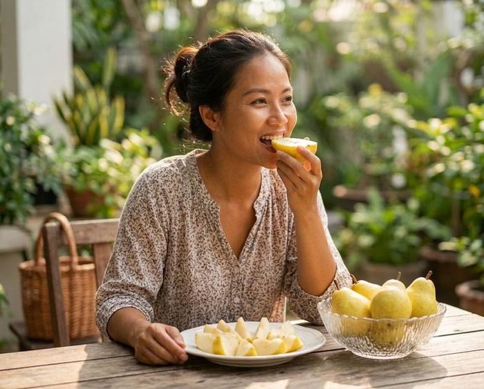 Các hợp chất sinh học có trong quả lê mang lại khả năng hỗ trợ tiêu hóa, tăng cường sức khỏe tim mạch và bảo vệ hệ hô hấp. Ảnh minh họa AI