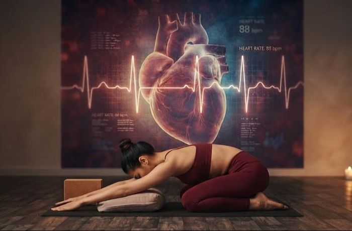 Với sự kết hợp giữa vận động nhẹ nhàng, hơi thở có kiểm soát và trạng thái tĩnh tâm, yoga có thể hữu ích trong việc kiểm soát huyết áp. Ảnh minh hoạ AI.