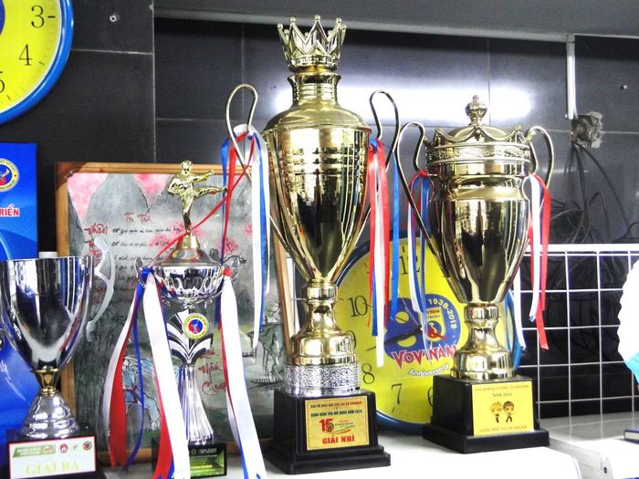  Mô hình võ đường thu nhỏ và các giải thưởng Vovinam trong phòng truyền thống Vovinam. Ảnh: NVCC. 