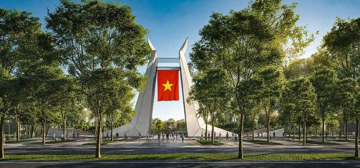 Công trình biểu tượng "Khải hoàn môn", lấy cảm hứng từ đôi cánh chim hạc đang vươn lên, tạo điểm nhấn kết thúc trục đô thị khu phố cổ và mở ra trục không gian mới về phía Nam. Ảnh: TTXVN phát