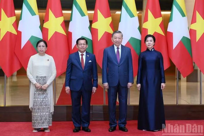 Tổng Bí thư, Chủ tịch nước Tô Lâm và Phu nhân Ngô Phương Ly với Tổng thống Myanmar Min Aung Hlaing và Phu nhân Kyu Kyu Hla.