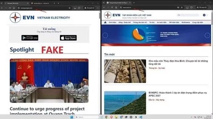 Hình ảnh một website giả mạo ngành điện nhằm mục đích lừa đảo. (Ảnh: EVNSPC)