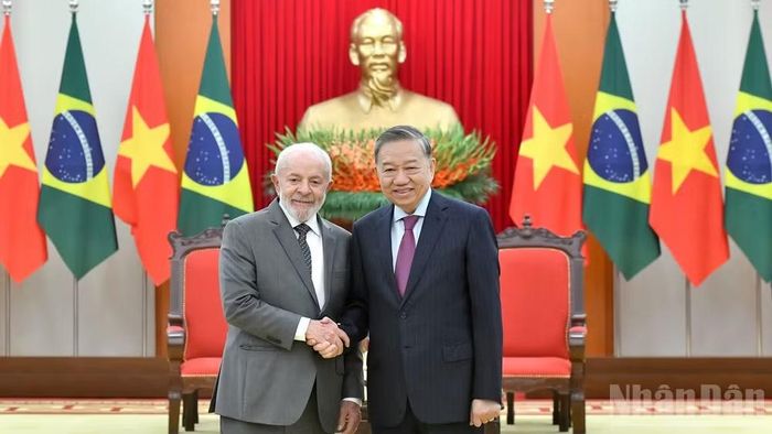 Tổng Bí thư Tô Lâm tiếp Tổng thống Cộng hòa Liên bang Brazil Luiz Inácio Lula da Silva thăm cấp Nhà nước đến Việt Nam từ ngày 27-29/3/2025. (Ảnh: ĐĂNG KHOA)