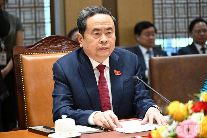 Chủ tịch Quốc hội Trần Thanh Mẫn phát biểu tại cuộc hội đàm. 