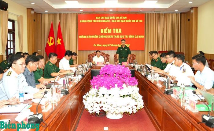 Đại tá Bùi Yên Tĩnh phát biểu kết luận buổi kiểm tra công tác chống khai thác IUU tại Ban Chỉ huy Bộ đội Biên phòng tỉnh Cà Mau. Ảnh: Hoàng Tá