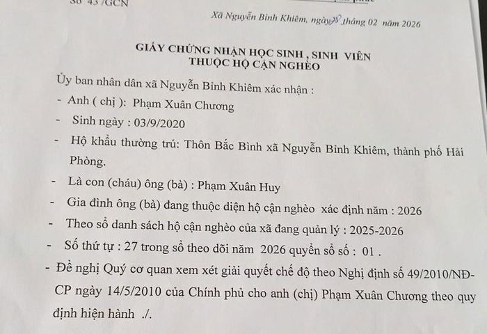 Địa phương xác nhận gia đình anh Phạm Xuân Huy thuộc diện hộ cận nghèo