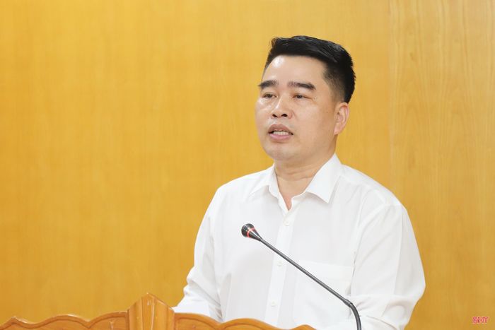 Phó Giám đốc Sở Tư pháp Đinh Văn Hồng báo cáo tiến độ thực hiện và nội dung đề án.