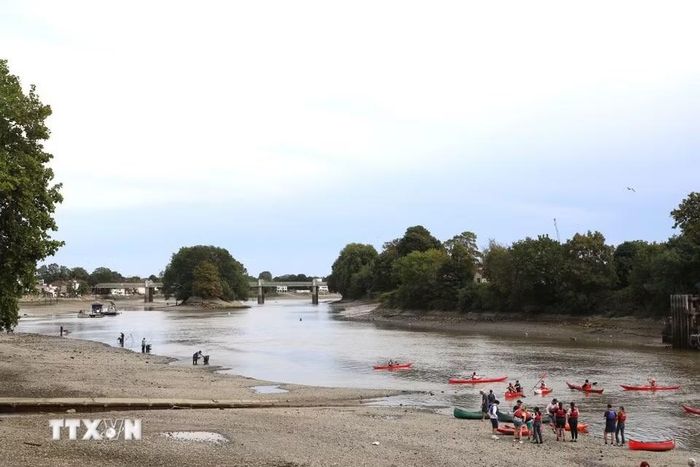 Mực nước sông Thames tại London xuống mức thấp kỷ lục trong nhiều năm khiến lòng sông bị thu hẹp đáng kể. (Ảnh: Hữu Tiến/TTXVN)