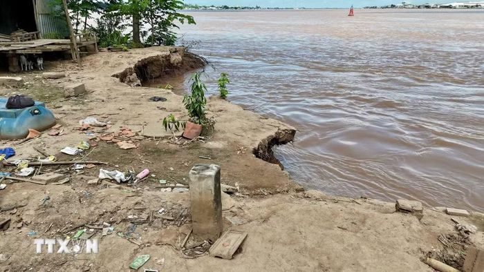 Vết sạt ăn sâu vào đất liền khoảng 7m, áp sát tuyến đường giao thông, gây nguy hiểm cho người và phương tiện. (Ảnh: Thanh Sang/TTXVN)