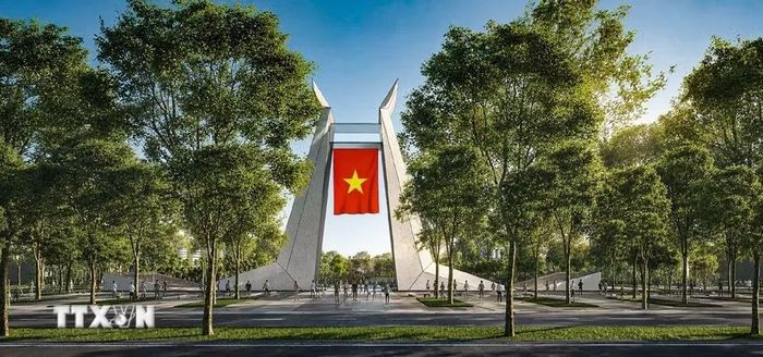 Công trình biểu tượng "Khải hoàn môn," lấy cảm hứng từ đôi cánh chim hạc đang vươn lên, tạo điểm nhấn kết thúc trục đô thị khu phố cổ và mở ra trục không gian mới về phía Nam. (Ảnh: TTXVN phát)