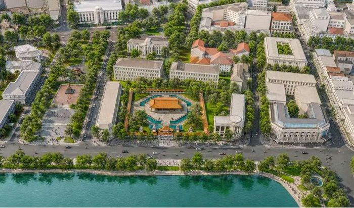 Khu vực Bưu điện Hà Nội được lên phương án nghiên cứu hạ giải một số công trình kiến trúc chưa phù hợp, đồng thời nghiên cứu giải pháp gợi nhắc, tái hiện hình ảnh, hình thái kiến trúc đặc trưng của chùa Báo Ân cũ tại không gian trung tâm trong khuôn viên Bưu điện. Ảnh: UBND TP Hà Nội.