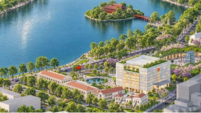 Khu đất là trụ sở UBND thành phố diện tích 19,210 m2, phương án dự kiến bố trí công trình mới 9 tầng nổi, 4 tầng hầm trên cơ sở tái cấu trúc khu đất.Với cơ sở hiện trạng, đồ án đặt vấn đề nghiên cứu hạ giải trụ sở HĐND, UBND thành phố, rạp Khăn quàng đỏ và khối nhà cung Thiếu nhi. Ảnh: UBND TP Hà Nội.