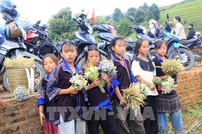 Em bé người Mông tự bó những bông hoa đặc trưng của núi rừng Tây Bắc để du khách chụp ảnh. Ảnh: Tuấn Anh - TTXVN