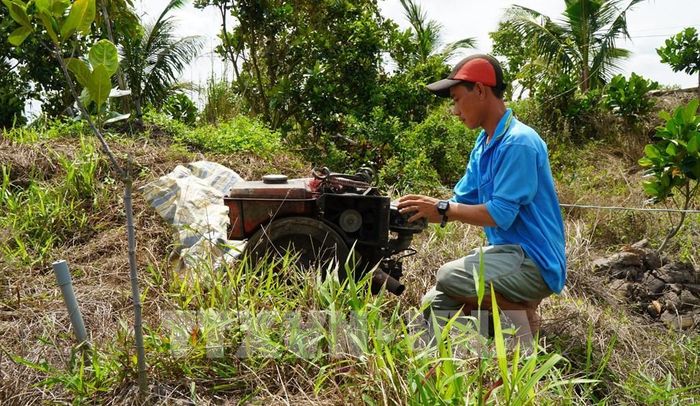 Anh Nguyễn Văn Toàn ở xã Mỹ Thiện (tỉnh Đồng Tháp) chuẩn bị sẵn máy bơm nước để bảo vệ vườn sầu riêng hơn 1 ha. Ảnh: Nhựt An - TTXVN