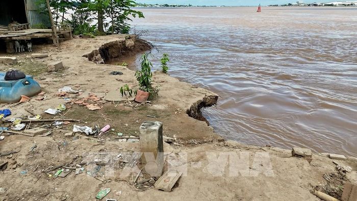 Vết sạt ăn sâu vào đất liền khoảng 7m, áp sát tuyến đường giao thông, gây nguy hiểm cho người và phương tiện. Ảnh: Thanh Sang-TTXVN