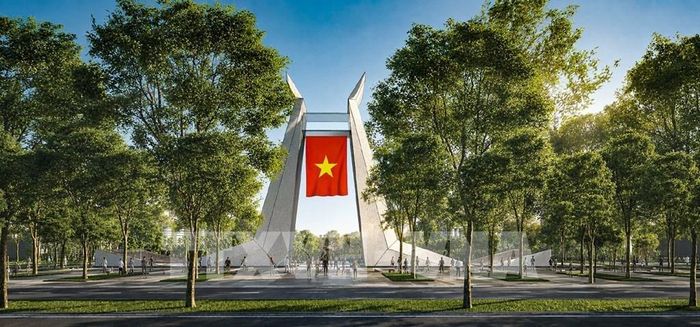 Công trình biểu tượng "Khải hoàn môn", lấy cảm hứng từ đôi cánh chim hạc đang vươn lên, tạo điểm nhấn kết thúc trục đô thị khu phố cổ và mở ra trục không gian mới về phía Nam. Ảnh: TTXVN phát 