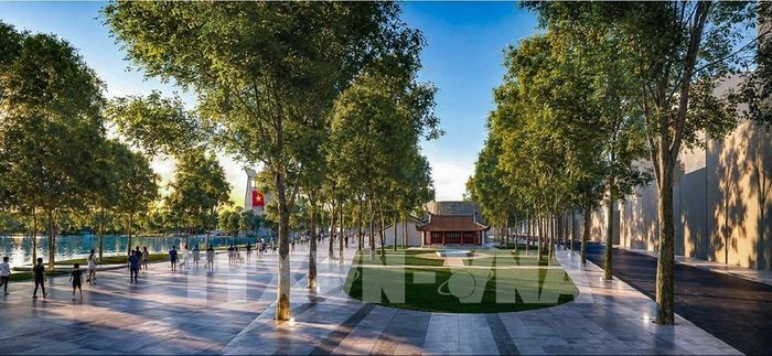 Phối cảnh tổng thể công viên Hòa Bình và Biểu tượng "Khải hoàn môn" nhìn từ phố Cầu Gỗ. Ảnh: TTXVN phát 