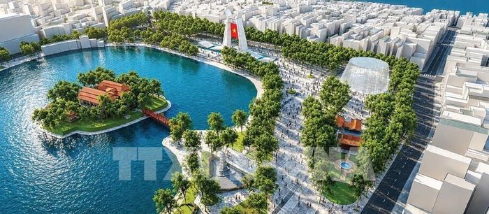 Tổng thể quy hoạch khu đền Bà Kiệu, công trình tưởng niệm liệt sĩ Hà Nội, công viên kết nối với công trình biểu tượng "Khải hoàn môn" và bảo tàng Tưởng niệm Hòa Bình. Ảnh: TTXVN phát 