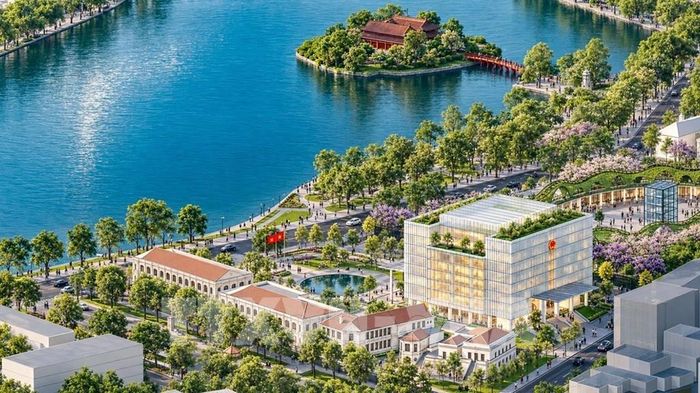 Theo phương án chỉnh trang, tái thiết khu vực hồ Hoàn Kiếm thì trụ sở HĐND, UBND thành phố, Rạp Khăn quàng đỏ và khối nhà Cung Thiếu nhi được nghiên cứu hạ giải. Ảnh: TTXVN phát 