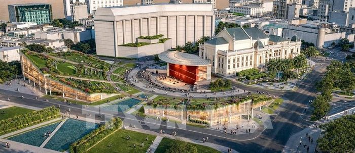 Khu vực Opera Hanoi gồm không gian Văn hóa - Nghệ thuật Thủ đô, các tầng hầm, Trung tâm Lịch sử Văn hóa Nghệ thuật, khu Nhà hát mở rộng, hầm giao thông kết nối với bờ sông, Bảo tàng Lịch sử quốc gia, Trung tâm Tài chính và quảng trường 19/8. Ảnh: TTXVN phát 