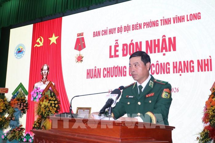 Thiếu tướng Trần Ngọc Hữu, Phó Tư lệnh Bộ Đội Biên Phòng phát biểu tại buổi lễ. Ảnh: Huỳnh Phúc Hậu - TTXVN