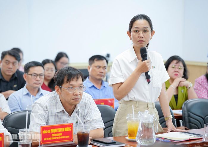 Trưởng phòng Thư ký - Biên tập, Báo và phát thanh, truyền hình An Giang Đinh Thùy Diệu phát biểu tại hội thảo.