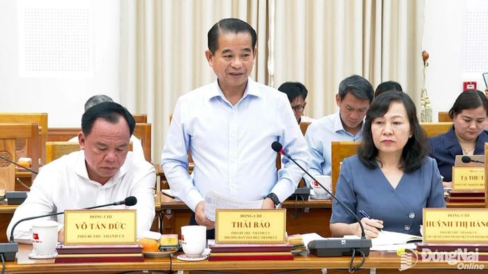 Đồng chí Thái Bảo, Phó Bí thư Thành ủy, Trưởng ban Tổ chức Thành ủy Đồng Nai phát biểu tại buổi làm việc. Ảnh: Quốc Việt