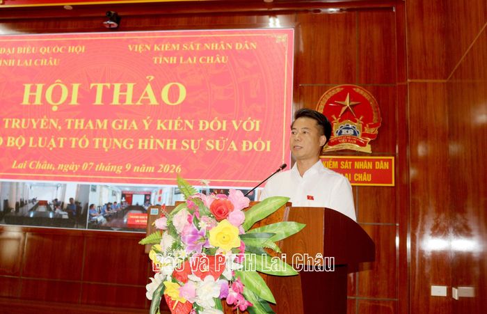 Đồng chí Hoàng Quốc Khánh - Phó Trưởng Đoàn chuyên trách Đoàn đại biểu Quốc hội tỉnh phát biểu kết luận hội thảo.